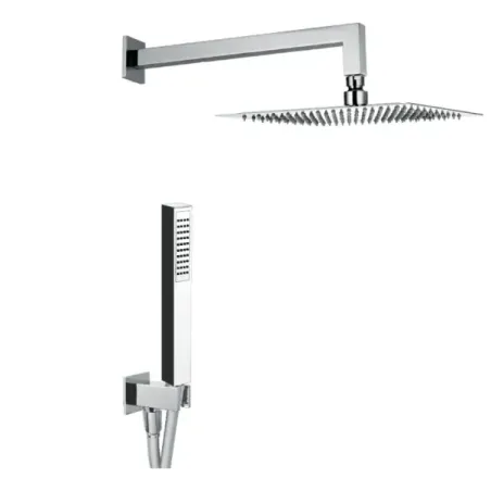 Damast Duplex Shower Kit Rondo' series in stainless steel with Leo hand shower + Cassiopea 35 arm + Relax Q chrome shower head 1