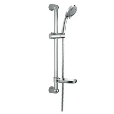 Damast-Duschstange, Serie Kent, Edelstahlstange + 5-Strahl-Handbrause + Seifenschale + 150 cm flexibler Schlauch, Farbe Chrom, C